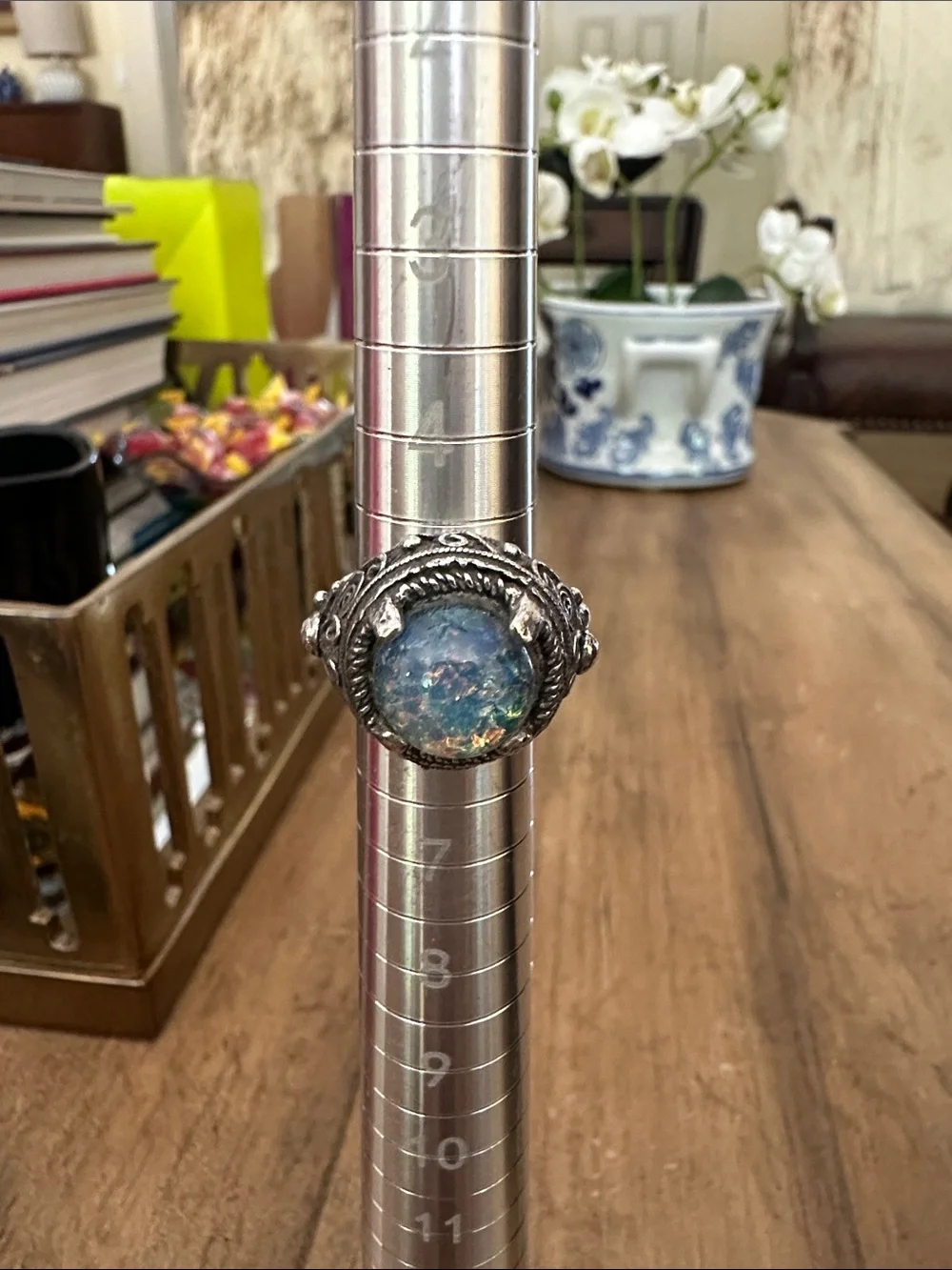 Iridescent Blue Opal Glass Dome Statement Ring - Sterling